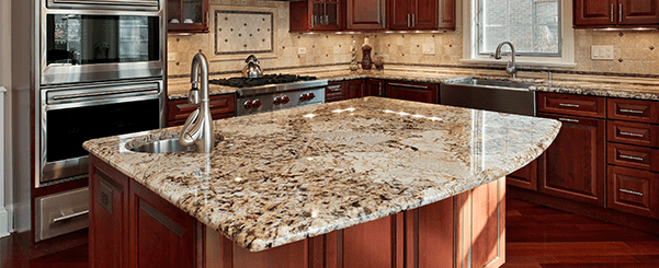 Modern kitchen with polished granite stone countertop